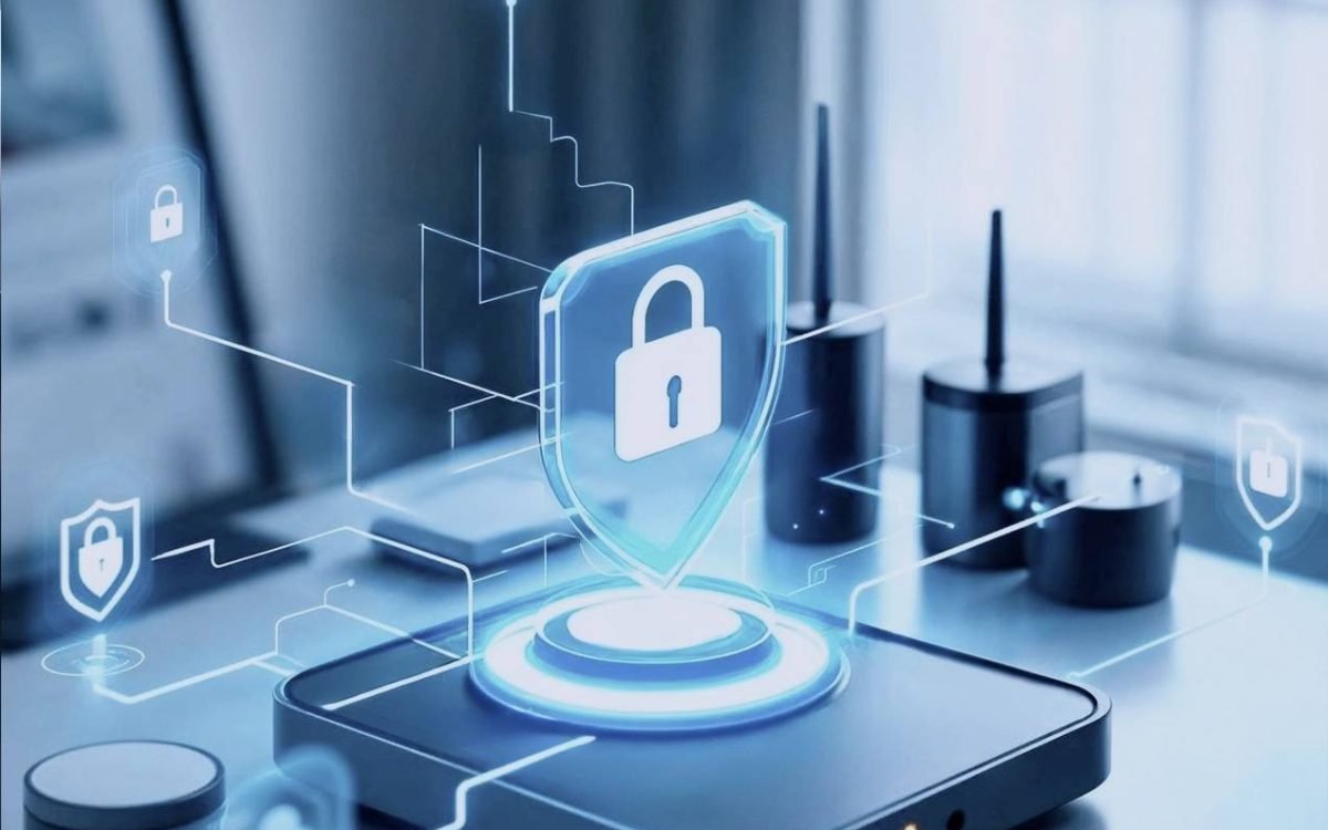 Padlock hologram above a laptop and server icons